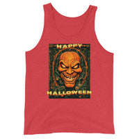 Happy Halloween Evil Pumpkin design on men's tank top, front view