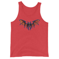 Whimsical Vampire Bat Skeleton design on men's tank top, front view
