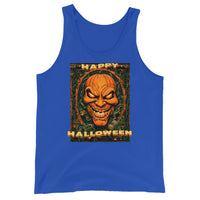 Happy Halloween Evil Pumpkin design on men's tank top, front view