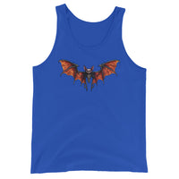 Whimsical Vampire Bat Skeleton design on men's tank top, front view