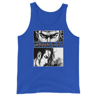 Anime Eyes Japanese Manga design on men's tank top, front view
