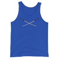 Dual Samurai Swords design on men's tank top, front view