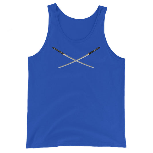 Dual Samurai Swords design on men's tank top, front view