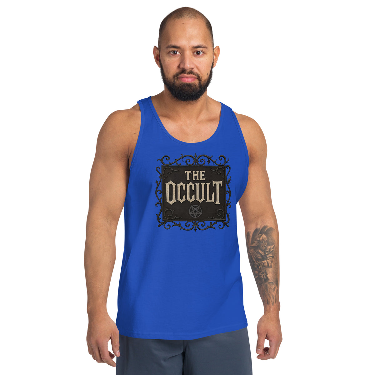 The Occult design on men's tank top, front view