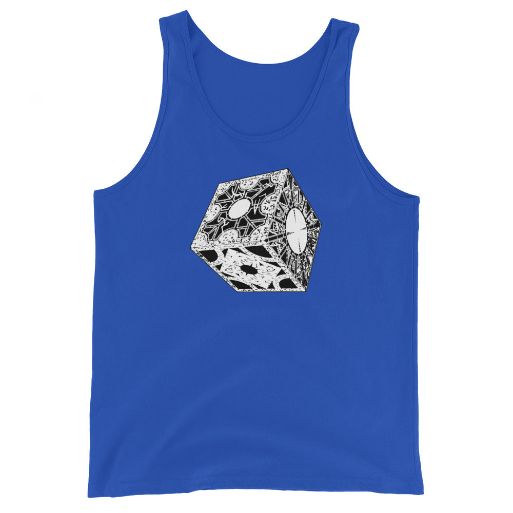 Lament Configuration design on men's tank top, front view