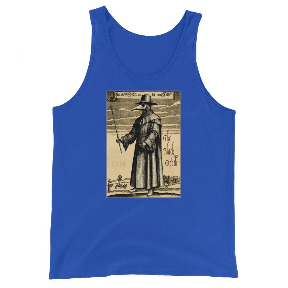 Plague Doctor 1334 design on men's tank top, front view
