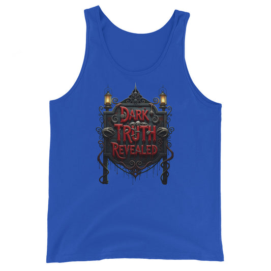 Dark Truth Revealed design on men's tank top, front view