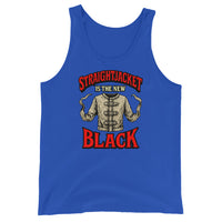 Straightjacket Is the New Black design on men's tank top, front view