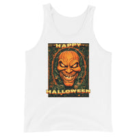 Happy Halloween Evil Pumpkin design on men's tank top, front view