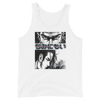 Anime Eyes Japanese Manga design on men's tank top, front view