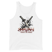 Splash Katana Swords design on men's tank top, front view