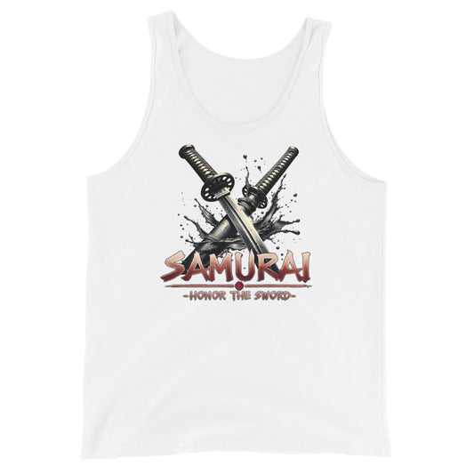 Splash Katana Swords design on men's tank top, front view
