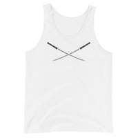Dual Samurai Swords design on men's tank top, front view