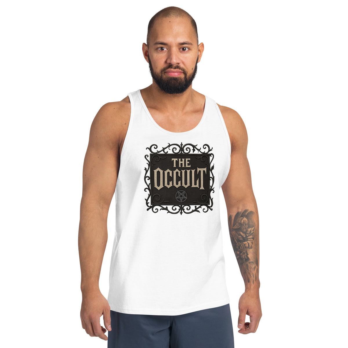 The Occult design on men's tank top, front view