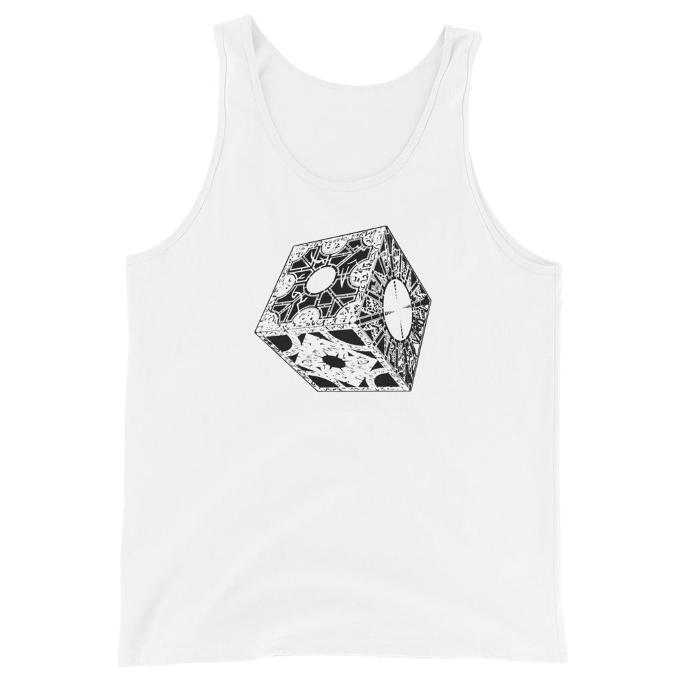 Lament Configuration design on men's tank top, front view