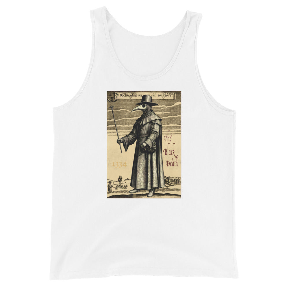 Plague Doctor 1334 design on men's tank top, front view