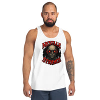 Neville Strange Future Corpses design on men's tank top, front view