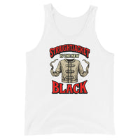 Straightjacket Is the New Black design on men's tank top, front view