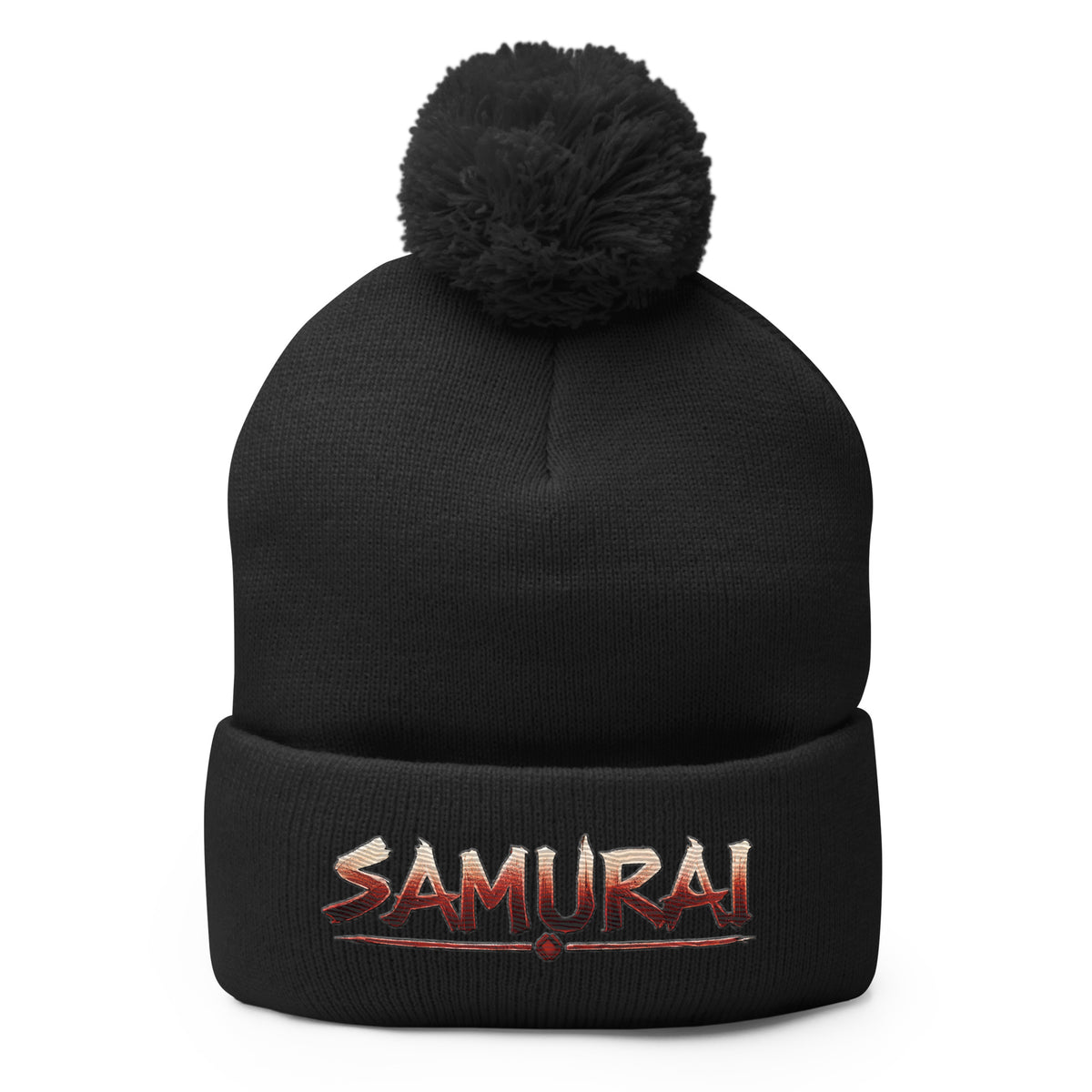 Black pom-pom beanie with Anime Samurai Warrior embroidered artwork, front view