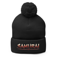 Black pom-pom beanie with Anime Samurai Warrior embroidered artwork, front view