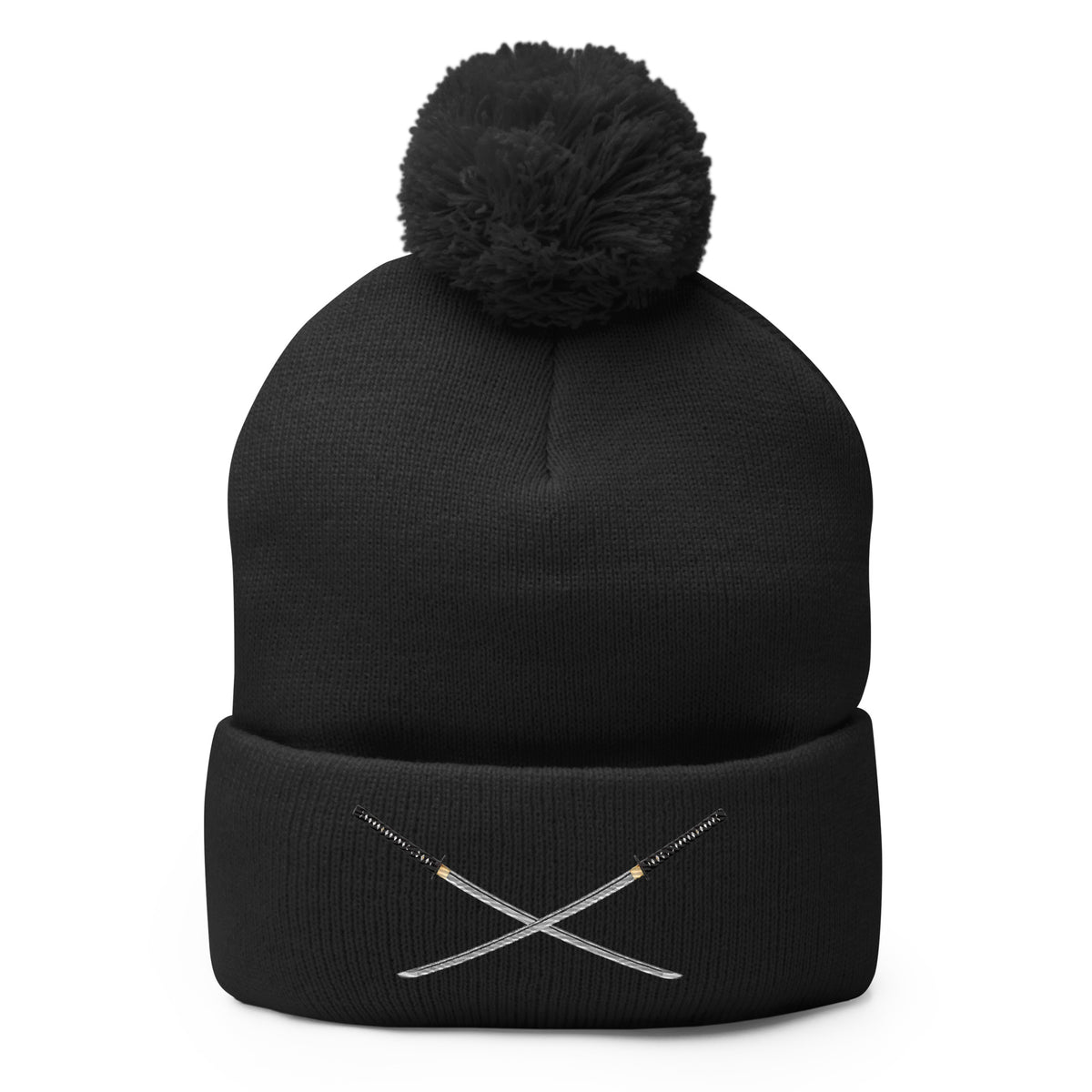 Black pom-pom beanie with Dual Samurai Swords Anime Warrior embroidered artwork, front view