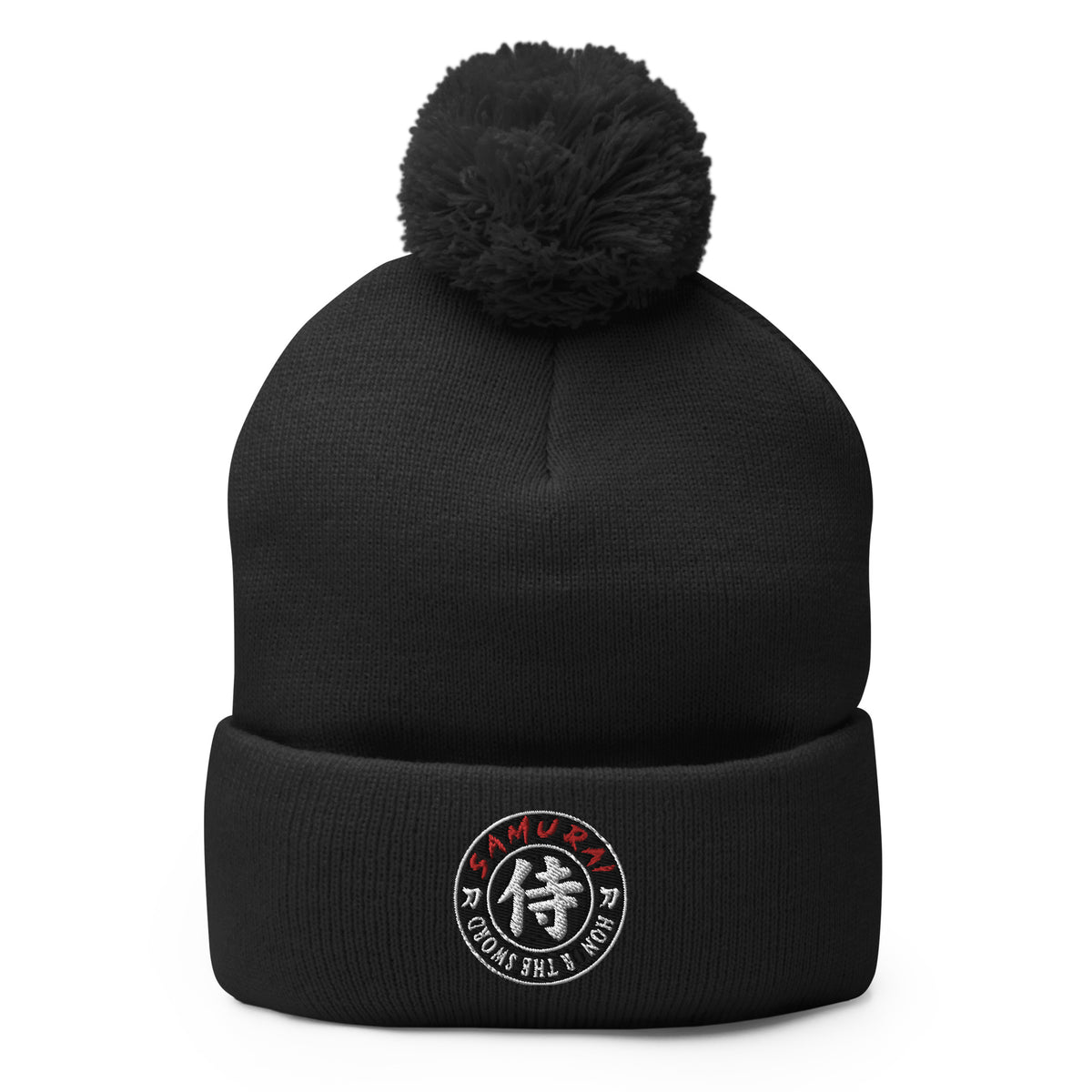 Black pom-pom beanie with Samurai Honor the Sword Japanese Kanji Symbol embroidered artwork, front view
