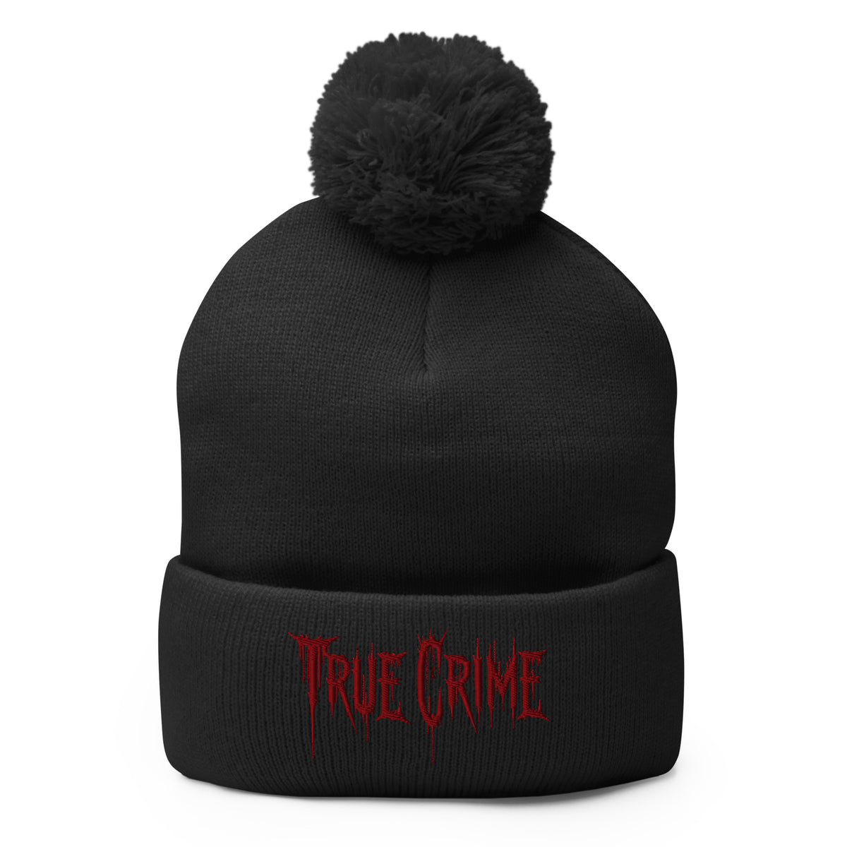 Black pom-pom beanie with Blood Drip True Crime embroidered artwork, front view