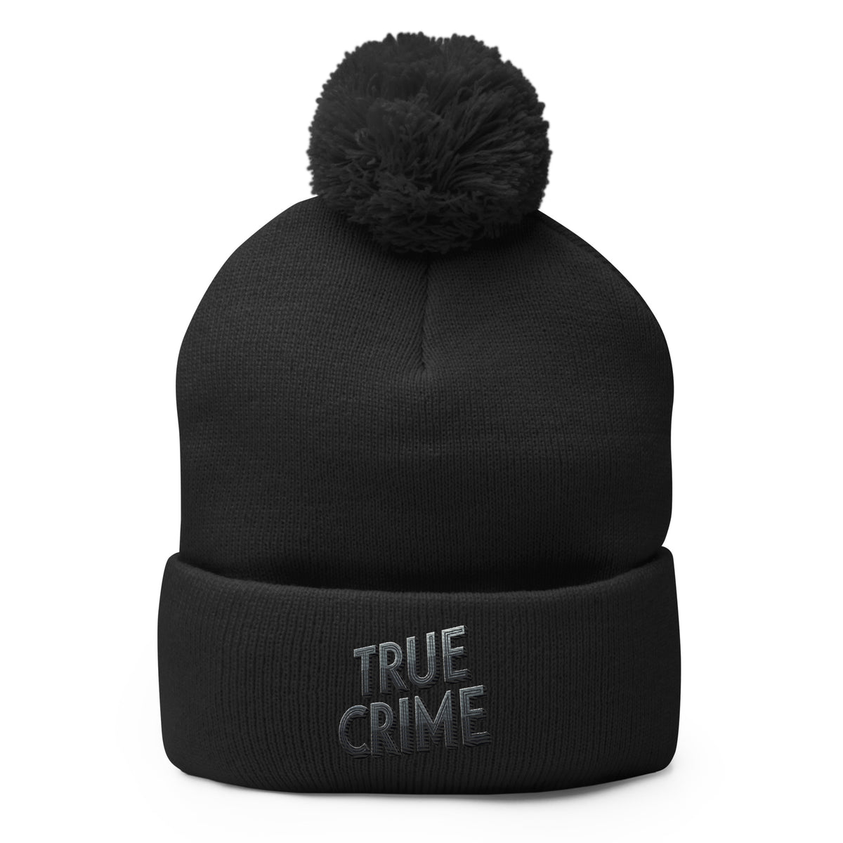 Black pom-pom beanie with Detective Style True Crime embroidered artwork, front view