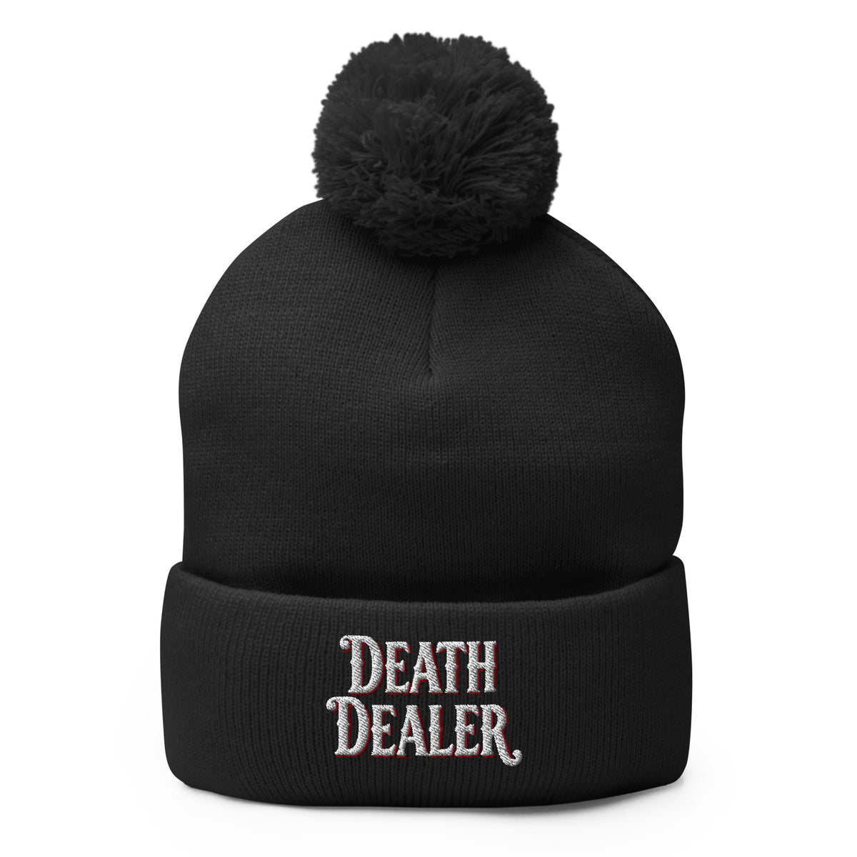 Black pom-pom beanie with Death Dealer True Crime embroidered artwork, front view
