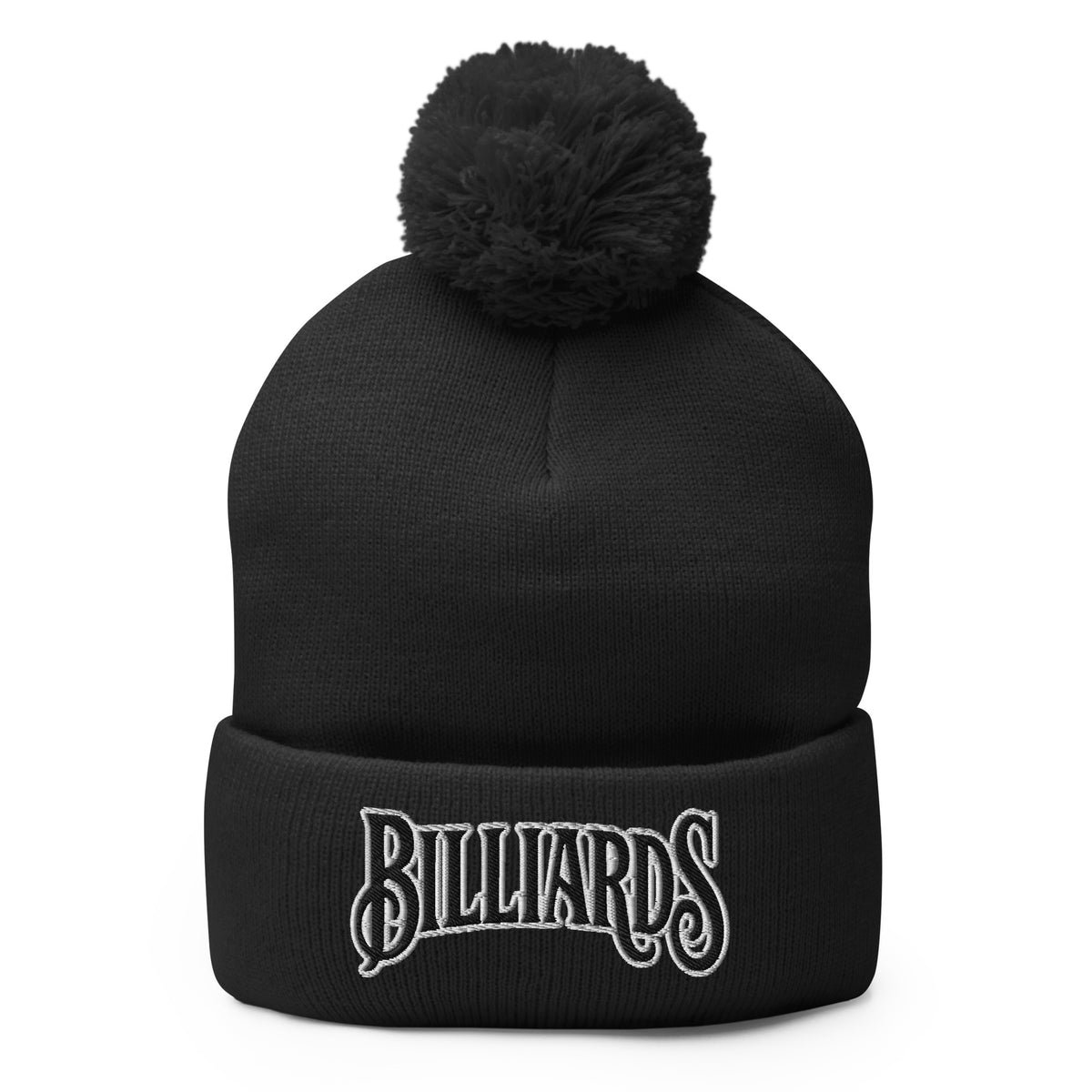 Black pom-pom beanie with Billiards Pool Hall embroidered artwork, front view