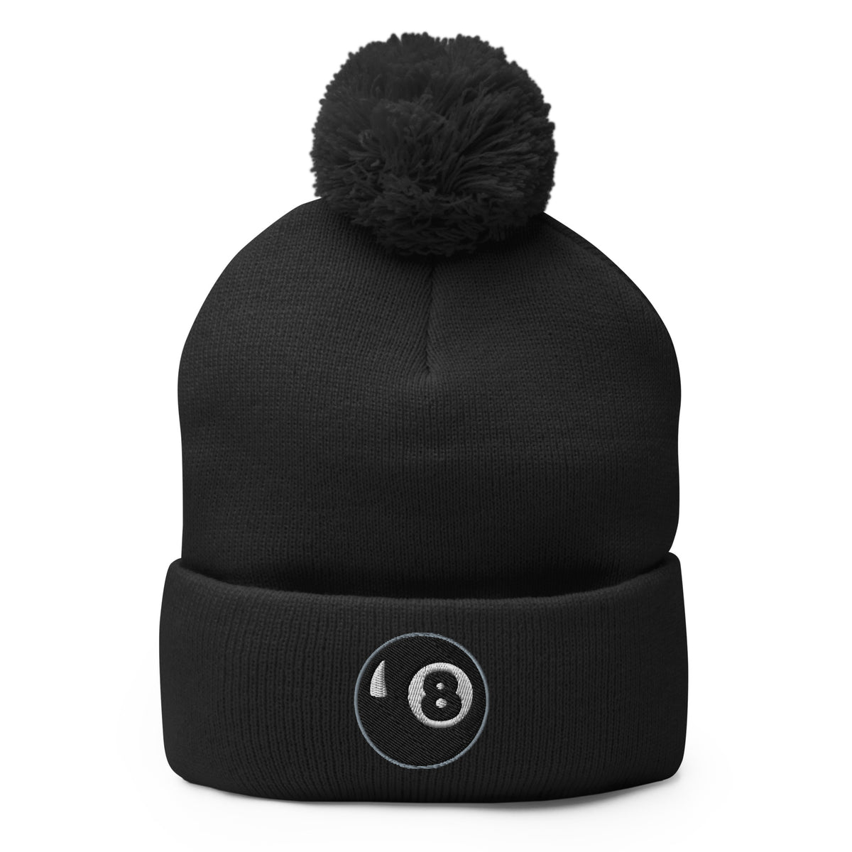 Black pom-pom beanie with Black 8 Ball Billiards embroidered artwork, front view