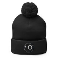 Black pom-pom beanie with Black 8 Ball Billiards embroidered artwork, front view