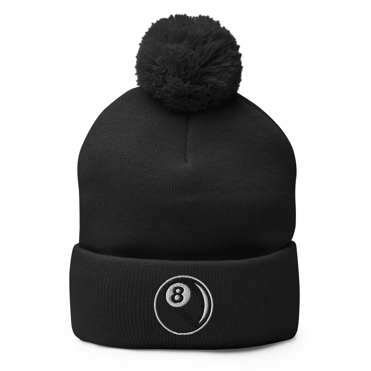 Black pom-pom beanie with 8 Ball Billiards embroidered artwork, front view