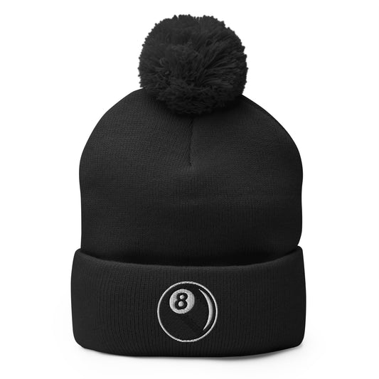 Black pom-pom beanie with 8 Ball Billiards embroidered artwork, front view