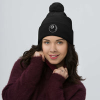 Black pom-pom beanie with 8 Ball Billiards embroidered artwork, front view