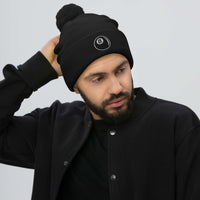 Black pom-pom beanie with 8 Ball Billiards embroidered artwork, front view