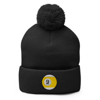 Black pom-pom beanie with Nine Ball Line Billiards embroidered artwork, front view