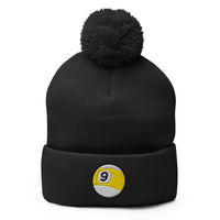 Black pom-pom beanie with 9 Ball Billiards embroidered artwork, front view