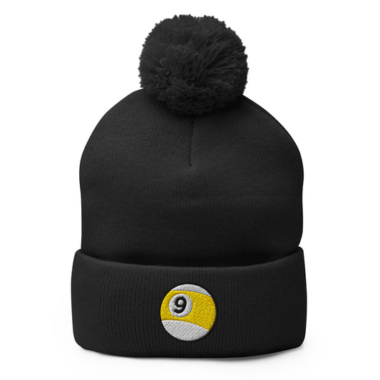 Black pom-pom beanie with 9 Ball Billiards embroidered artwork, front view