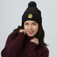 Black pom-pom beanie with 9 Ball Billiards embroidered artwork, front view