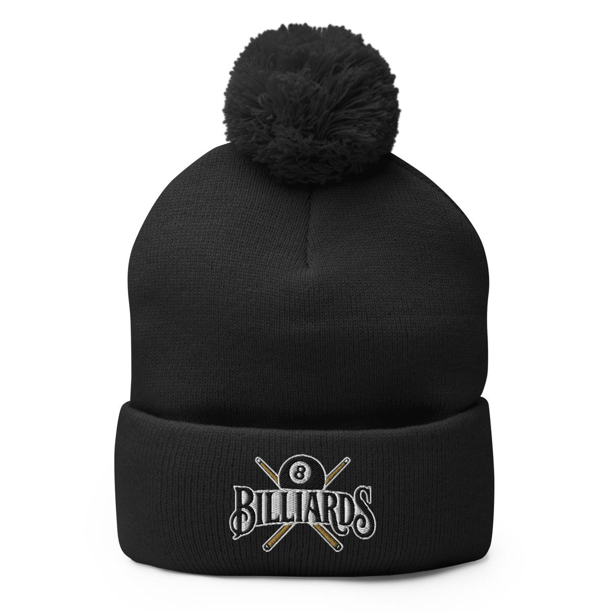 Black pom-pom beanie with Billiards 8 Ball embroidered artwork, front view