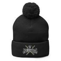 Black pom-pom beanie with Billiards 8 Ball embroidered artwork, front view