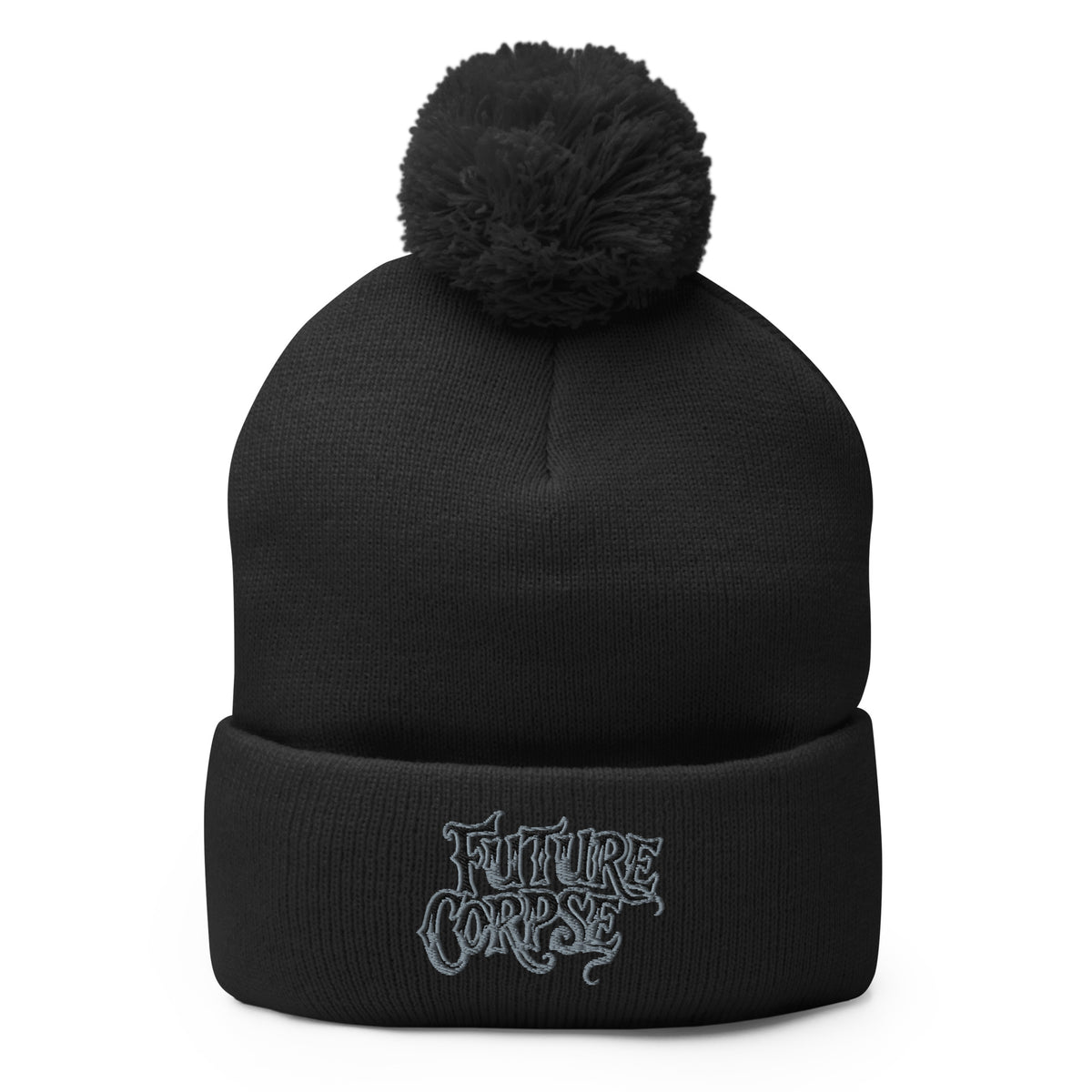 Black pom-pom beanie with Future Corpse embroidered artwork, front view