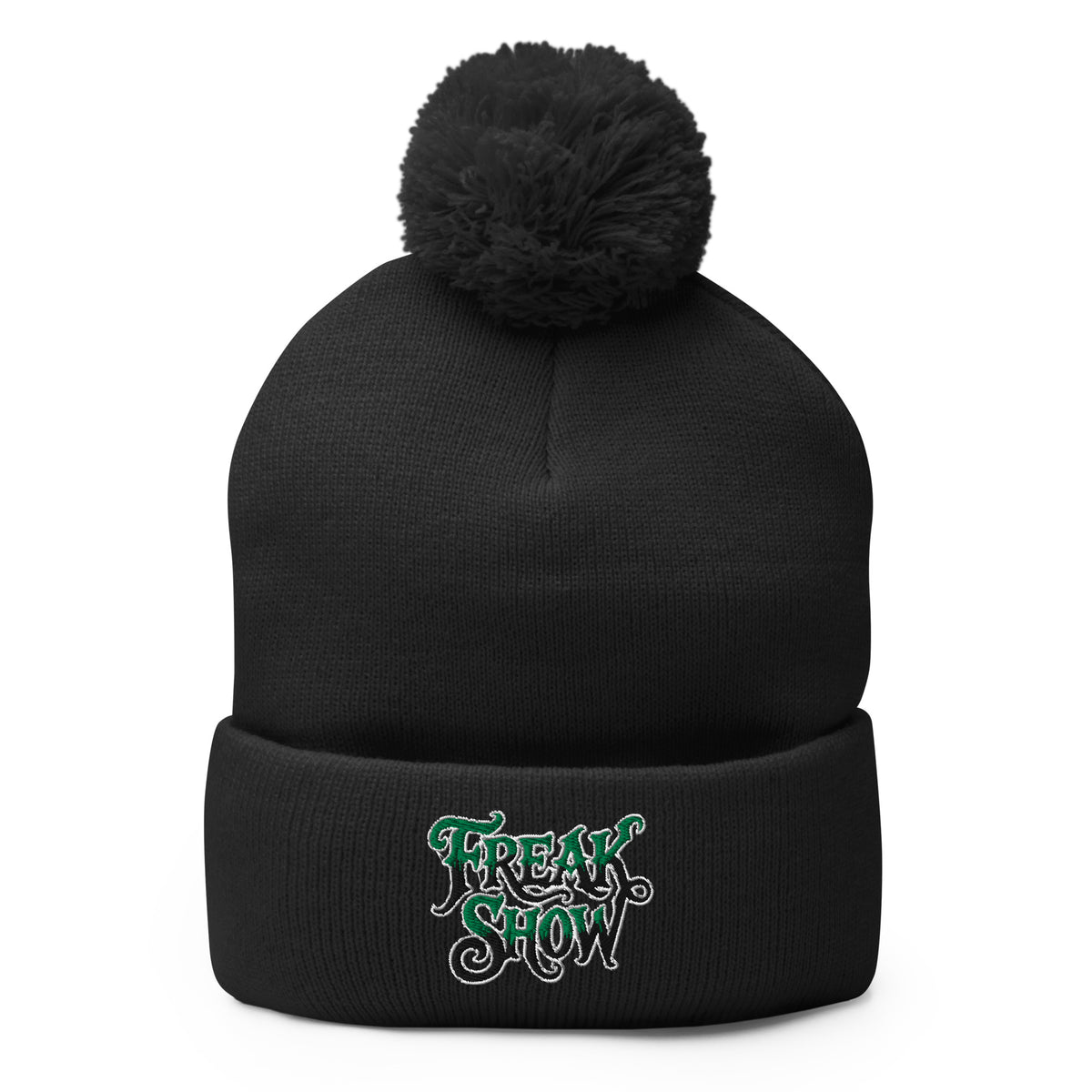 Black pom-pom beanie with Freak Show embroidered artwork, front view