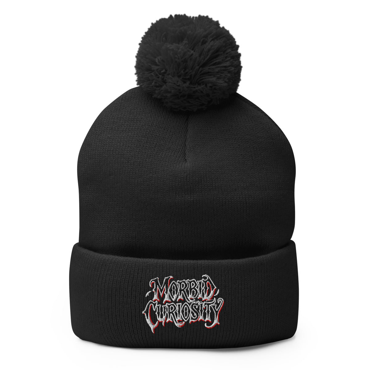 Black pom-pom beanie with Morbid Curiosity embroidered artwork, front view