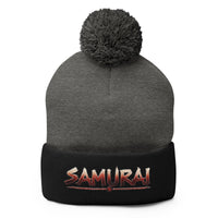Black pom-pom beanie with Anime Samurai Warrior embroidered artwork, front view