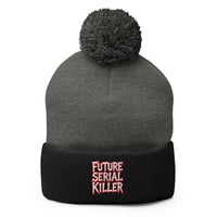Black pom-pom beanie with Future Serial Killer embroidered artwork, front view