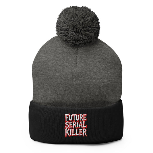 Black pom-pom beanie with Future Serial Killer embroidered artwork, front view