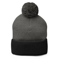 Black pom-pom beanie with Serial Killer True Crime embroidered artwork, front view