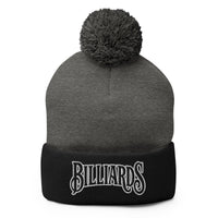 Black pom-pom beanie with Billiards Pool Hall embroidered artwork, front view